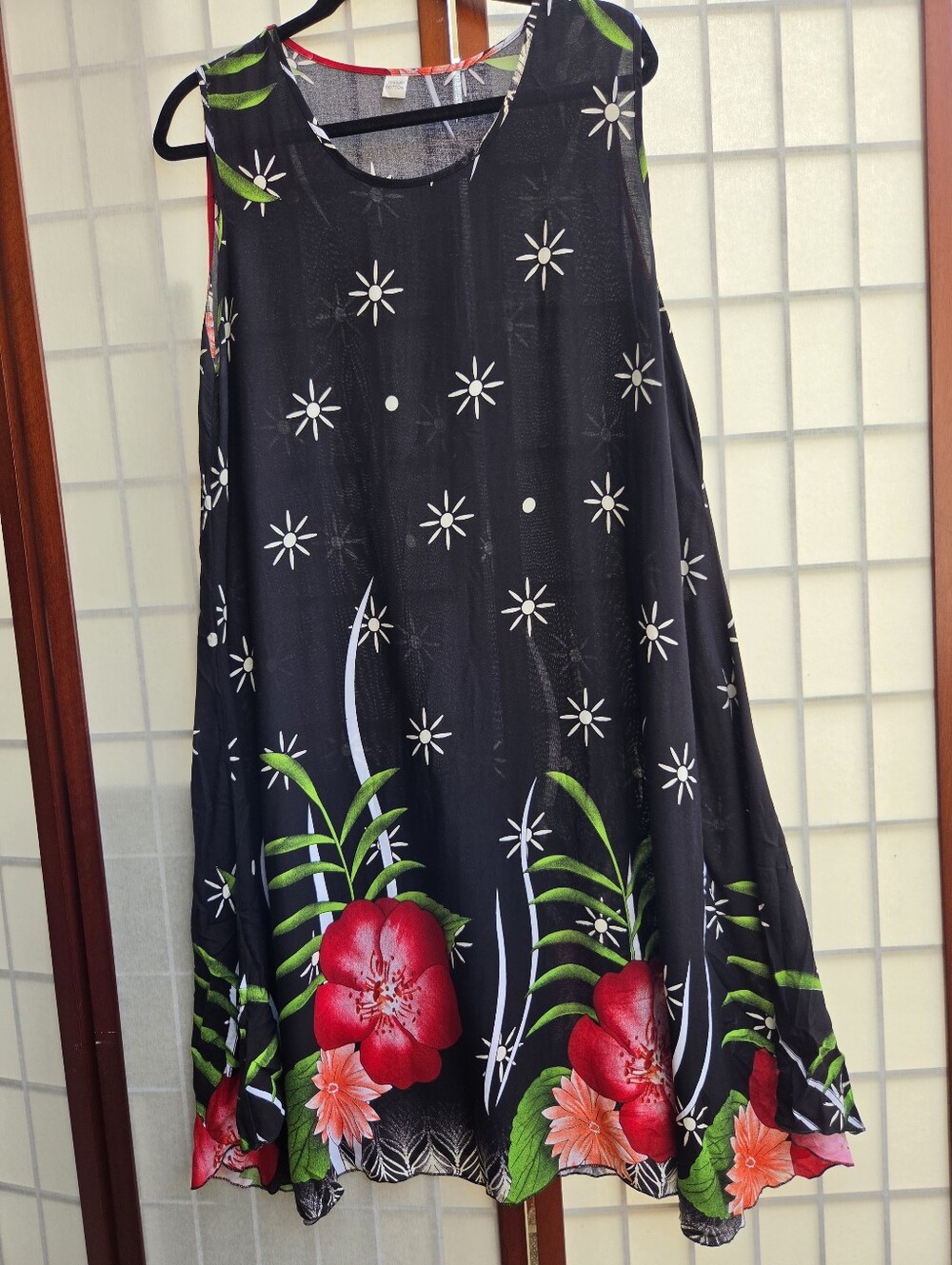 Tropical Floral Hibiscus Tank Dress Black Sleeveless Midi Resortwear Boho Beach